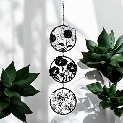 Black Floral Silhouette Hanging Trio Spinner – 60cm x 15cm | Metal Kinetic Wind Spinner for Garden & Home | Outdoor Hanging Floral Ornament