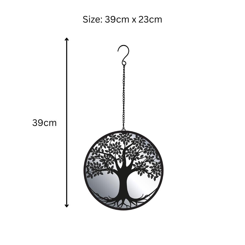 Black Tree Hanging Mirror Silhouette – 39cm x 23cm | Metal Tree Wall Art & Garden Décor | Reflective Hanging Ornament