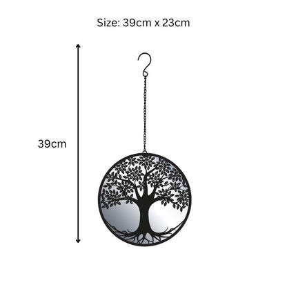 Black Tree Hanging Mirror Silhouette – 39cm x 23cm | Metal Tree Wall Art & Garden Décor | Reflective Hanging Ornament