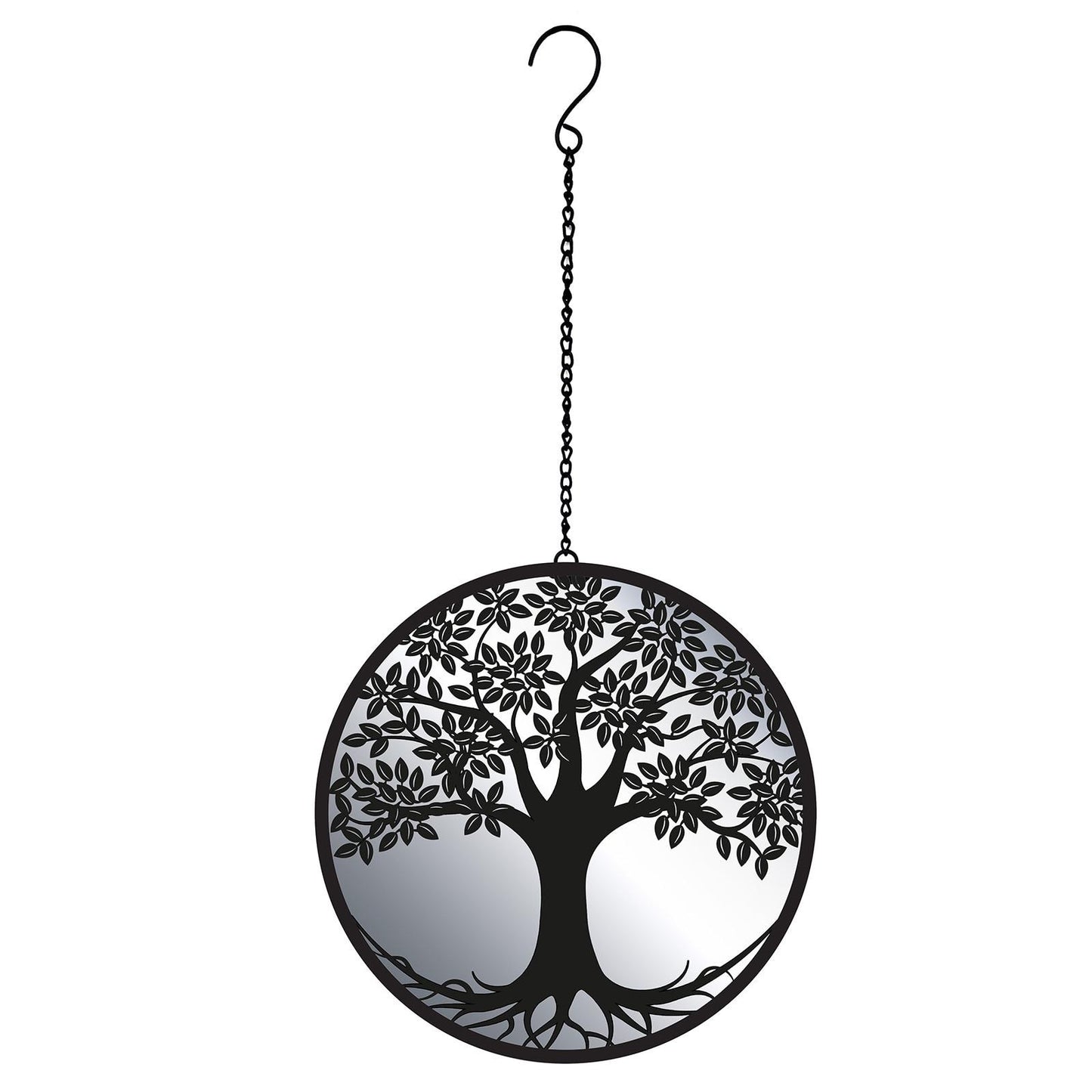 Black Tree Hanging Mirror Silhouette – 39cm x 23cm | Metal Tree Wall Art & Garden Décor | Reflective Hanging Ornament