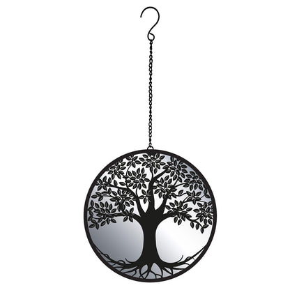 Black Tree Hanging Mirror Silhouette – 39cm x 23cm | Metal Tree Wall Art & Garden Décor | Reflective Hanging Ornament