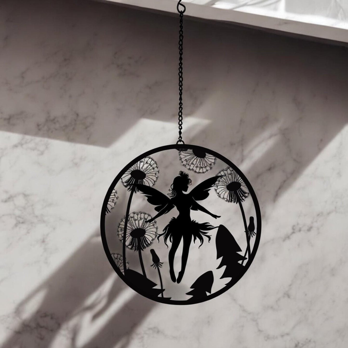 Black Fairy Hanging Mirror Silhouette – 39cm x 23cm | Enchanted Metal Fairy Wall Art & Garden Décor | Reflective Hanging Ornament