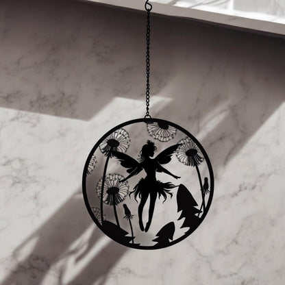 Black Fairy Hanging Mirror Silhouette – 39cm x 23cm | Enchanted Metal Fairy Wall Art & Garden Décor | Reflective Hanging Ornament