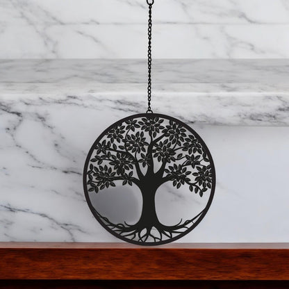 Black Tree Hanging Mirror Silhouette – 39cm x 23cm | Metal Tree Wall Art & Garden Décor | Reflective Hanging Ornament