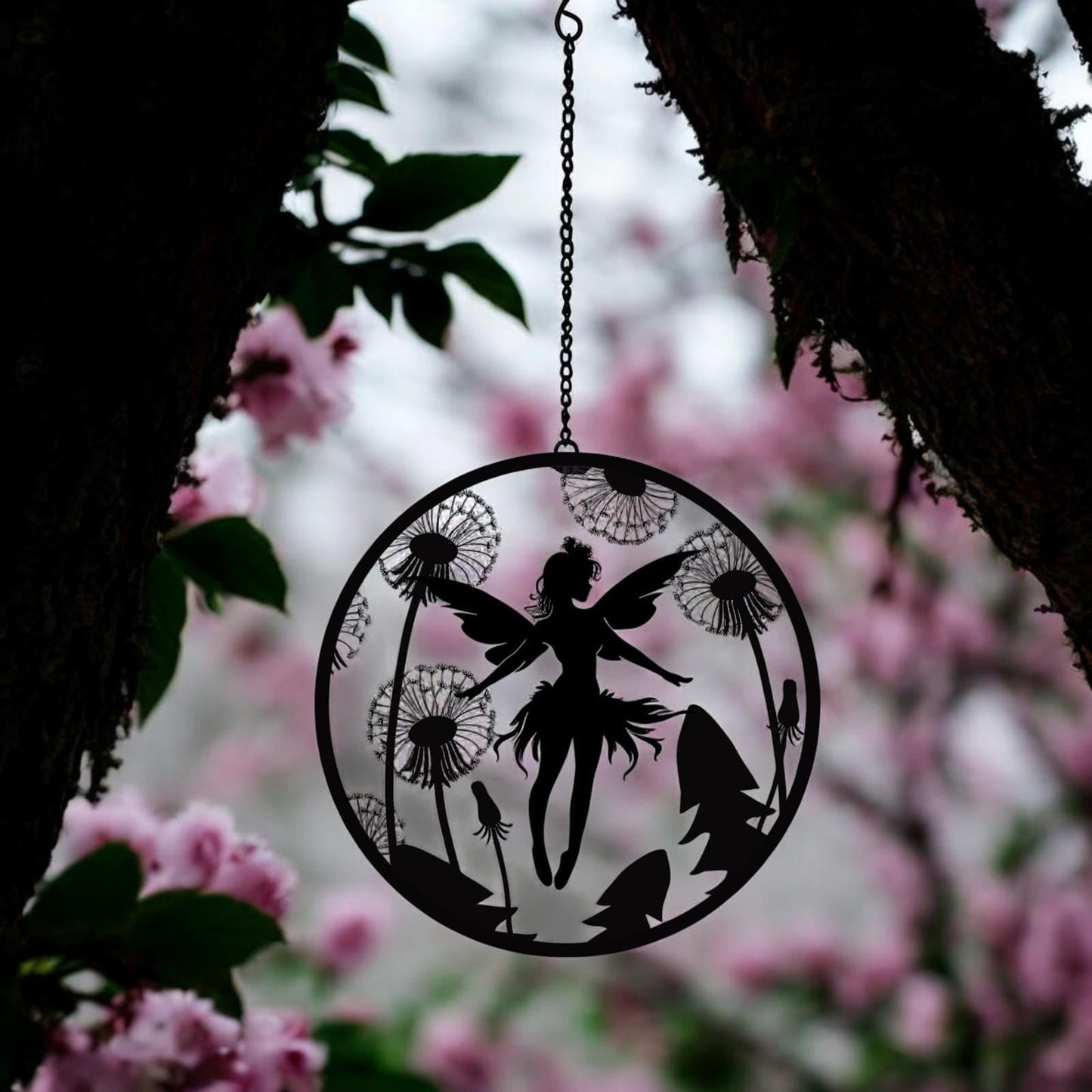 Black Fairy Hanging Mirror Silhouette – 39cm x 23cm | Enchanted Metal Fairy Wall Art & Garden Décor | Reflective Hanging Ornament