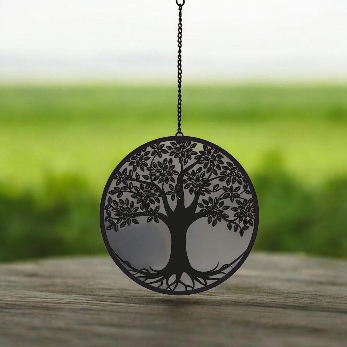 Black Tree Hanging Mirror Silhouette – 39cm x 23cm | Metal Tree Wall Art & Garden Décor | Reflective Hanging Ornament