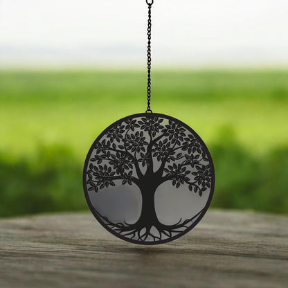 Black Tree Hanging Mirror Silhouette – 39cm x 23cm | Metal Tree Wall Art & Garden Décor | Reflective Hanging Ornament