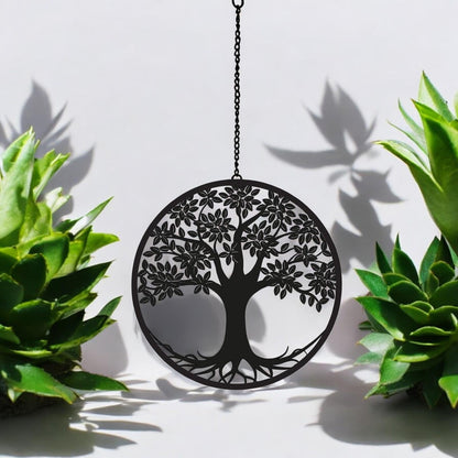 Black Tree Hanging Mirror Silhouette – 39cm x 23cm | Metal Tree Wall Art & Garden Décor | Reflective Hanging Ornament