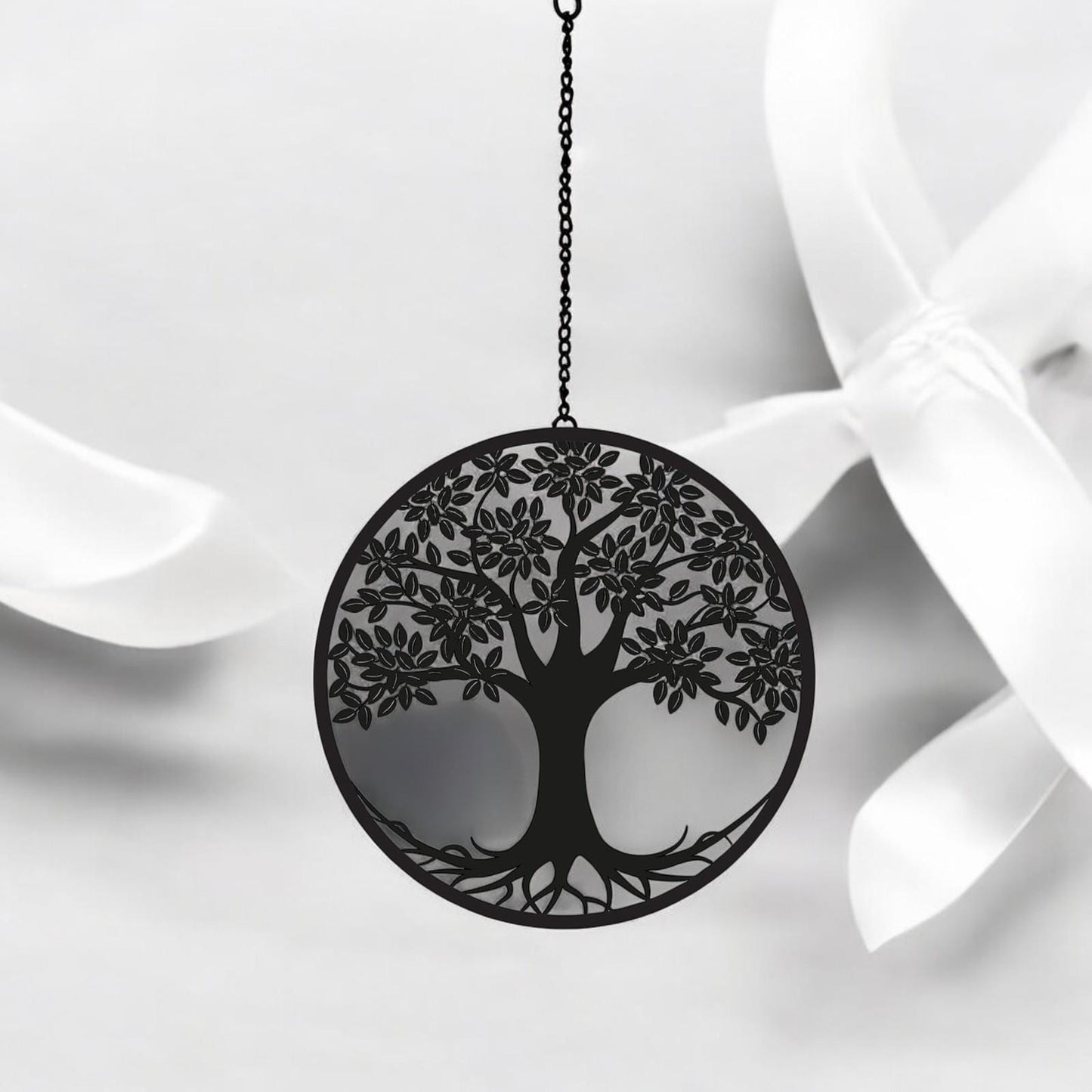 Black Tree Hanging Mirror Silhouette – 39cm x 23cm | Metal Tree Wall Art & Garden Décor | Reflective Hanging Ornament