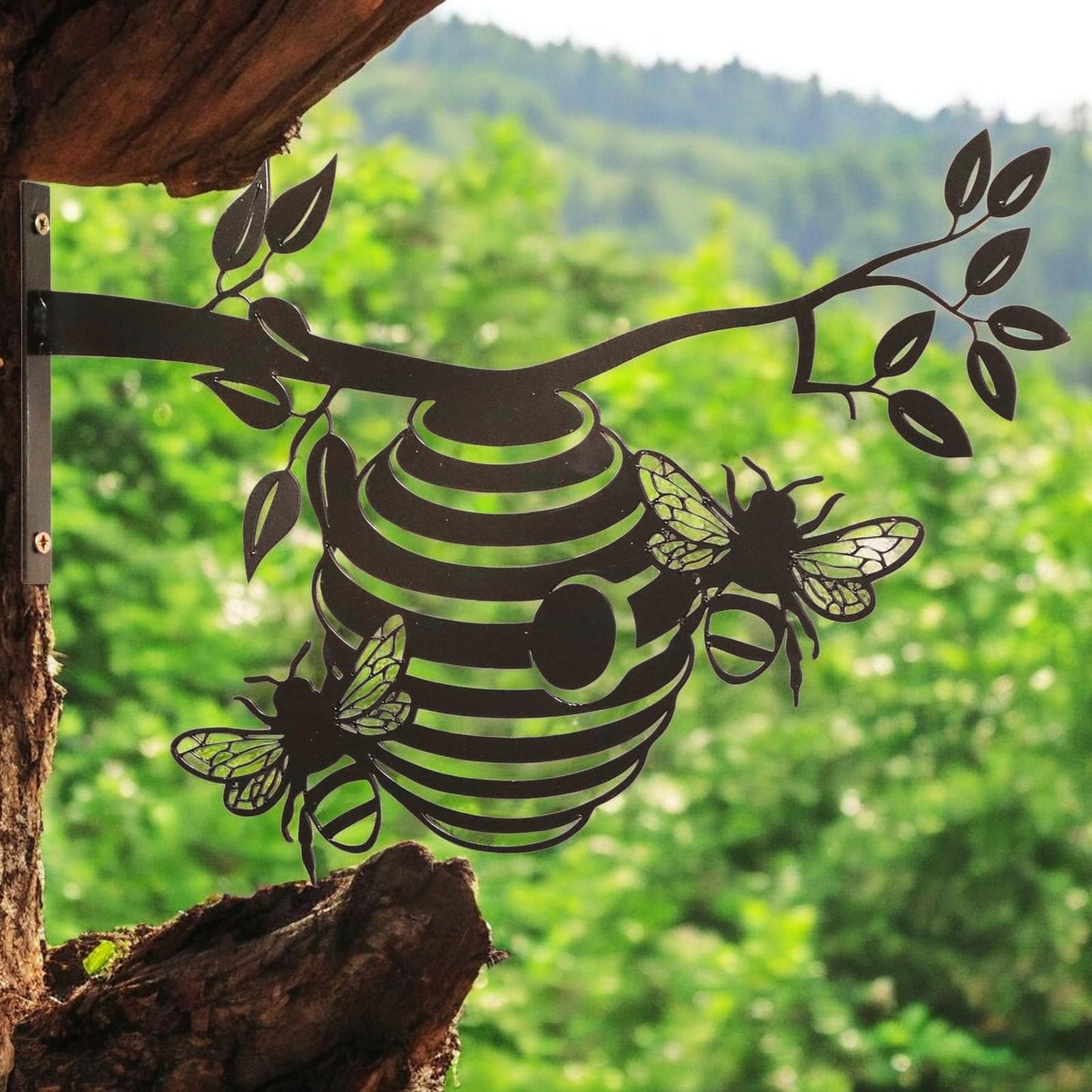 Metal Bee Hive Large Tree Silhouette – 22cm x 33.5cm | Intricate Metal Wall Art & Garden Décor | Honeybee Tree Hanging Ornament