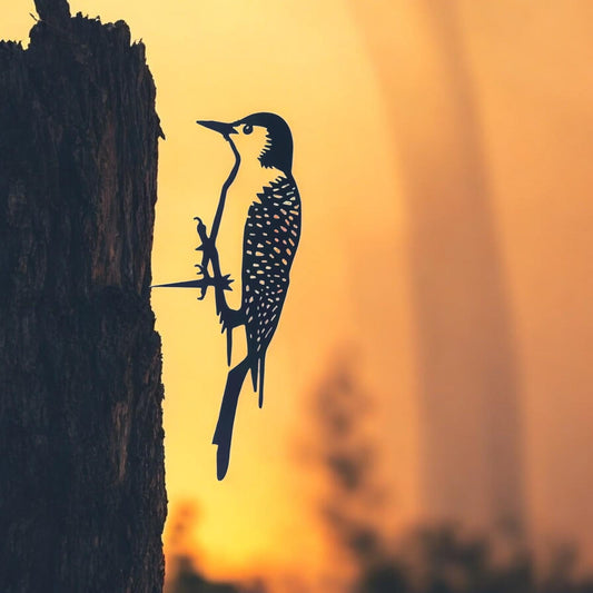 Metal Woodpecker Tree Silhouette – 25cm x 9cm | Rustic Metal Bird Wall Art & Garden Ornament | Weatherproof Hanging Décor for Outdoor
