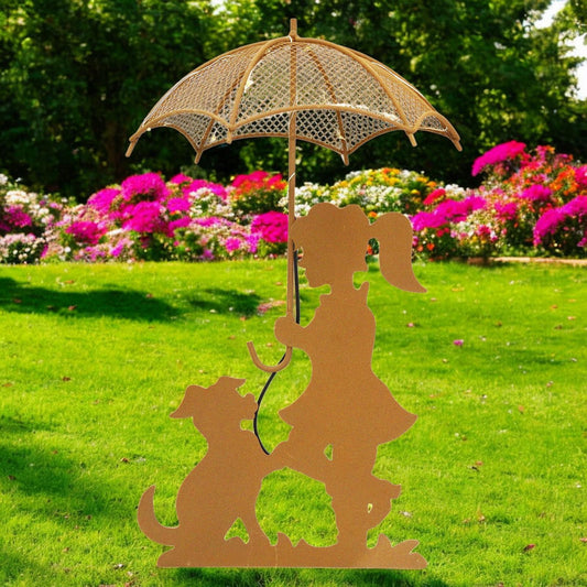 Rustic Girl & Dog Silhouette with Solar Umbrella – 44 x 20 x 17.5 CM | Outdoor Metal Garden Statue with Soft Solar Lighting