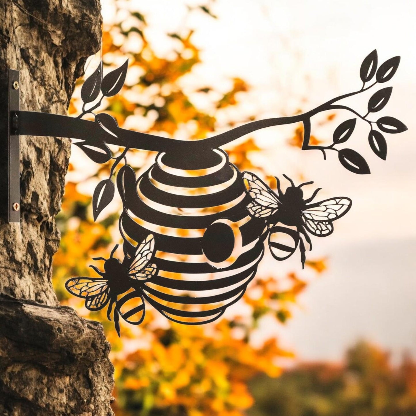 Metal Bee Hive Large Tree Silhouette – 22cm x 33.5cm | Intricate Metal Wall Art & Garden Décor | Honeybee Tree Hanging Ornament