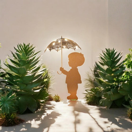Rustic Boy Silhouette with Solar Umbrella – 46 x 22 x 17.5 CM | Metal Garden Sculpture with Solar Light