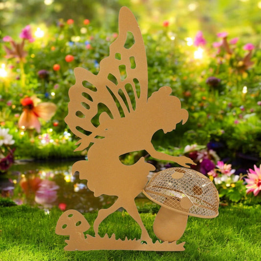 Rustic Fairy Silhouette with Solar Toadstool – 44 x 20 x 17.5 CM | Metal Garden Sculpture with Solar Light | Enchanted Outdoor Fairy Décor