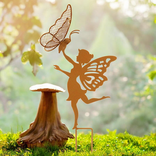 Rustic Fairy Silhouette with Solar Butterfly – 44 x 20 x 17.5 CM | Metal Garden Sculpture with Solar Light | Enchanted Outdoor Fairy Décor