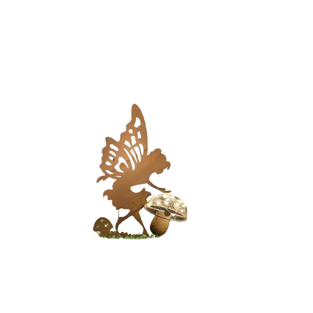 Rustic Fairy Silhouette with Solar Toadstool – 44 x 20 x 17.5 CM | Metal Garden Sculpture with Solar Light | Enchanted Outdoor Fairy Décor
