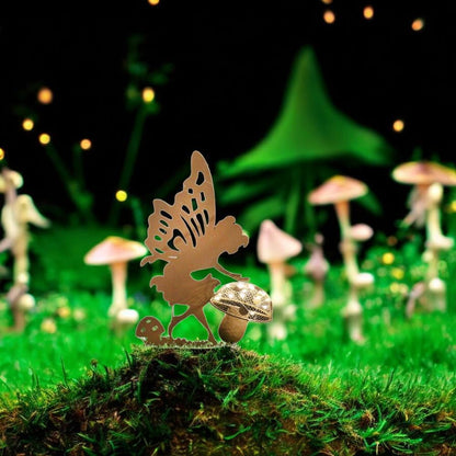 Rustic Fairy Silhouette with Solar Toadstool – 44 x 20 x 17.5 CM | Metal Garden Sculpture with Solar Light | Enchanted Outdoor Fairy Décor