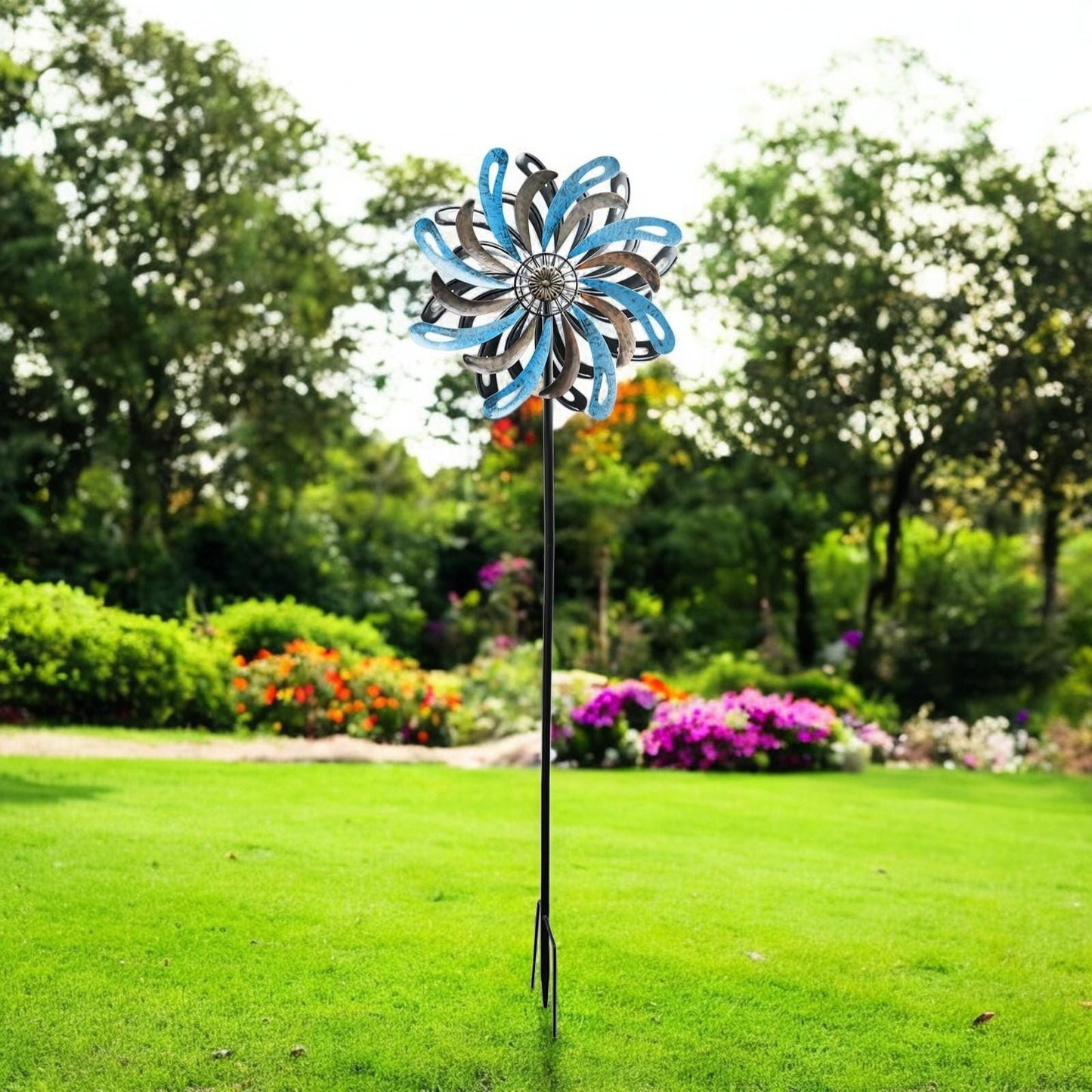Small Ocean Wave Vortex Wind Spinner Stake – 120 x 36 x 15 CM | Metal Kinetic Garden Wind Sculpture | Outdoor Yard Art & Decorative Spinner