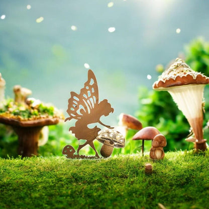 Rustic Fairy Silhouette with Solar Toadstool – 44 x 20 x 17.5 CM | Metal Garden Sculpture with Solar Light | Enchanted Outdoor Fairy Décor