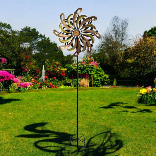 Small Golden Flare Vortex Wind Spinner Stake – 120 x 36 x 15 CM | Metal Kinetic Garden Wind Sculpture | Outdoor Decorative Windmill Spinner