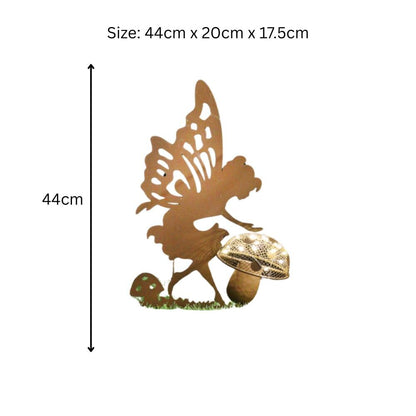 Rustic Fairy Silhouette with Solar Toadstool – 44 x 20 x 17.5 CM | Metal Garden Sculpture with Solar Light | Enchanted Outdoor Fairy Décor