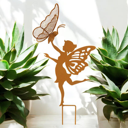 Rustic Fairy Silhouette with Solar Butterfly – 44 x 20 x 17.5 CM | Metal Garden Sculpture with Solar Light | Enchanted Outdoor Fairy Décor