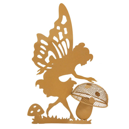 Rustic Fairy Silhouette with Solar Toadstool – 44 x 20 x 17.5 CM | Metal Garden Sculpture with Solar Light | Enchanted Outdoor Fairy Décor