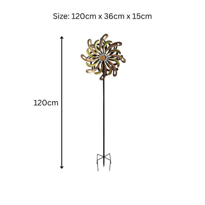 Small Golden Flare Vortex Wind Spinner Stake – 120 x 36 x 15 CM | Metal Kinetic Garden Wind Sculpture | Outdoor Decorative Windmill Spinner