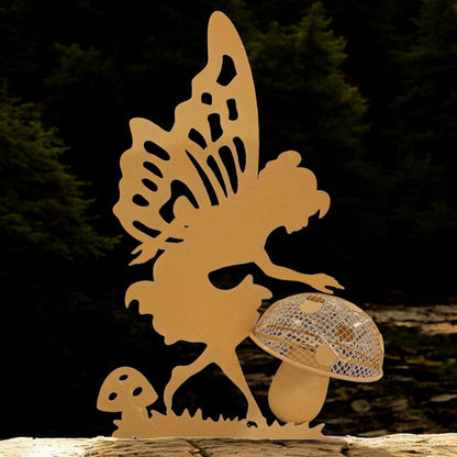 Rustic Fairy Silhouette with Solar Toadstool – 44 x 20 x 17.5 CM | Metal Garden Sculpture with Solar Light | Enchanted Outdoor Fairy Décor