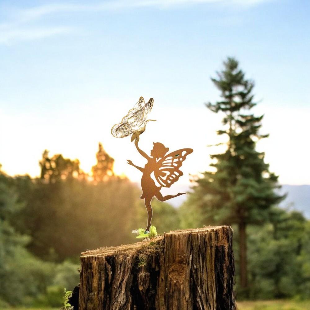 Rustic Fairy Silhouette with Solar Butterfly – 44 x 20 x 17.5 CM | Metal Garden Sculpture with Solar Light | Enchanted Outdoor Fairy Décor