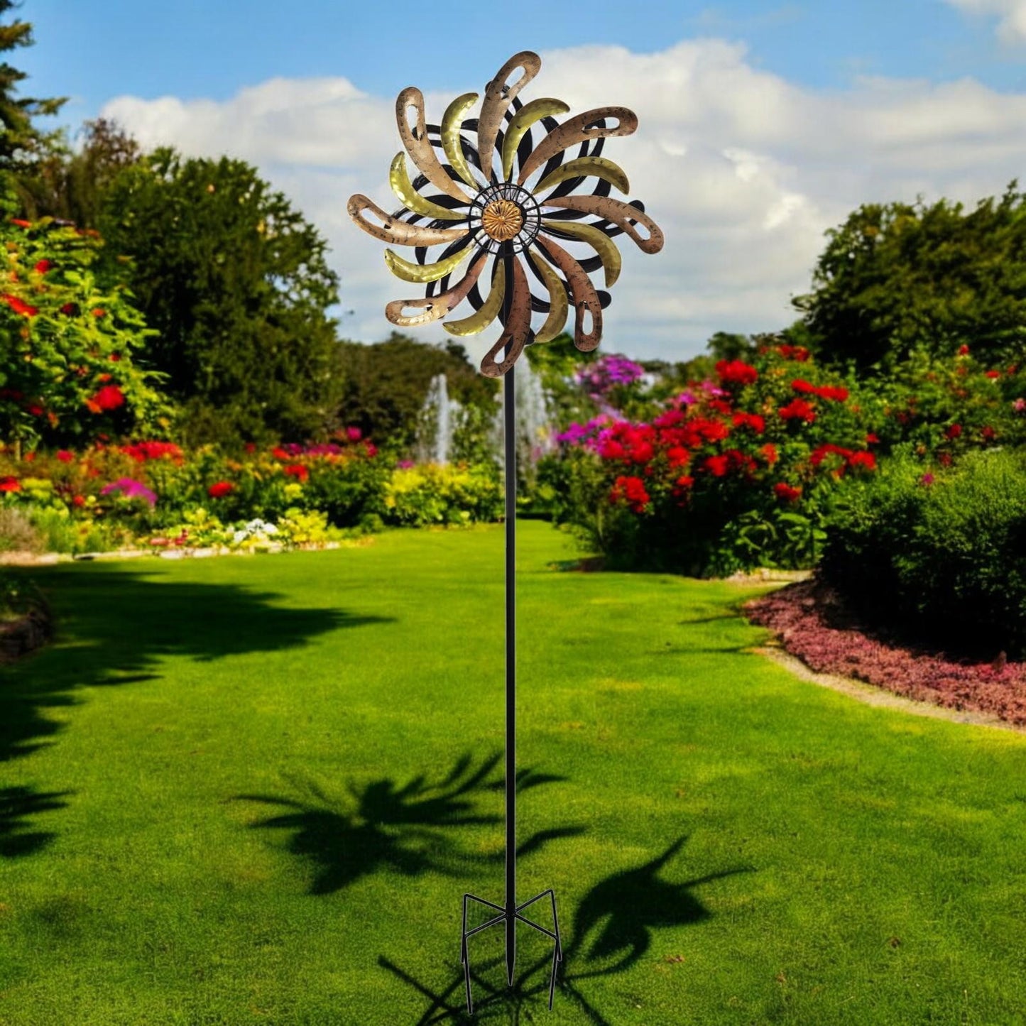 Small Golden Flare Vortex Wind Spinner Stake – 120 x 36 x 15 CM | Metal Kinetic Garden Wind Sculpture | Outdoor Decorative Windmill Spinner