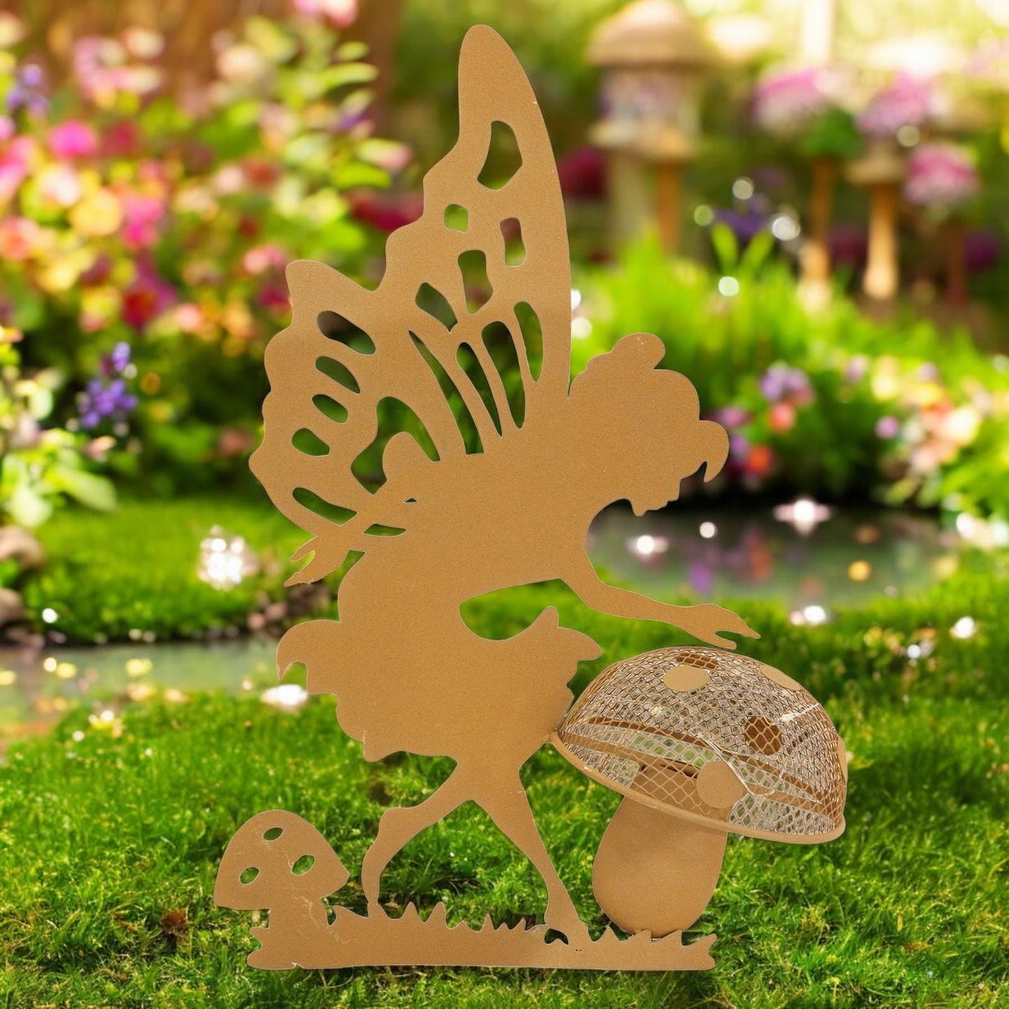 Rustic Fairy Silhouette with Solar Toadstool – 44 x 20 x 17.5 CM | Metal Garden Sculpture with Solar Light | Enchanted Outdoor Fairy Décor