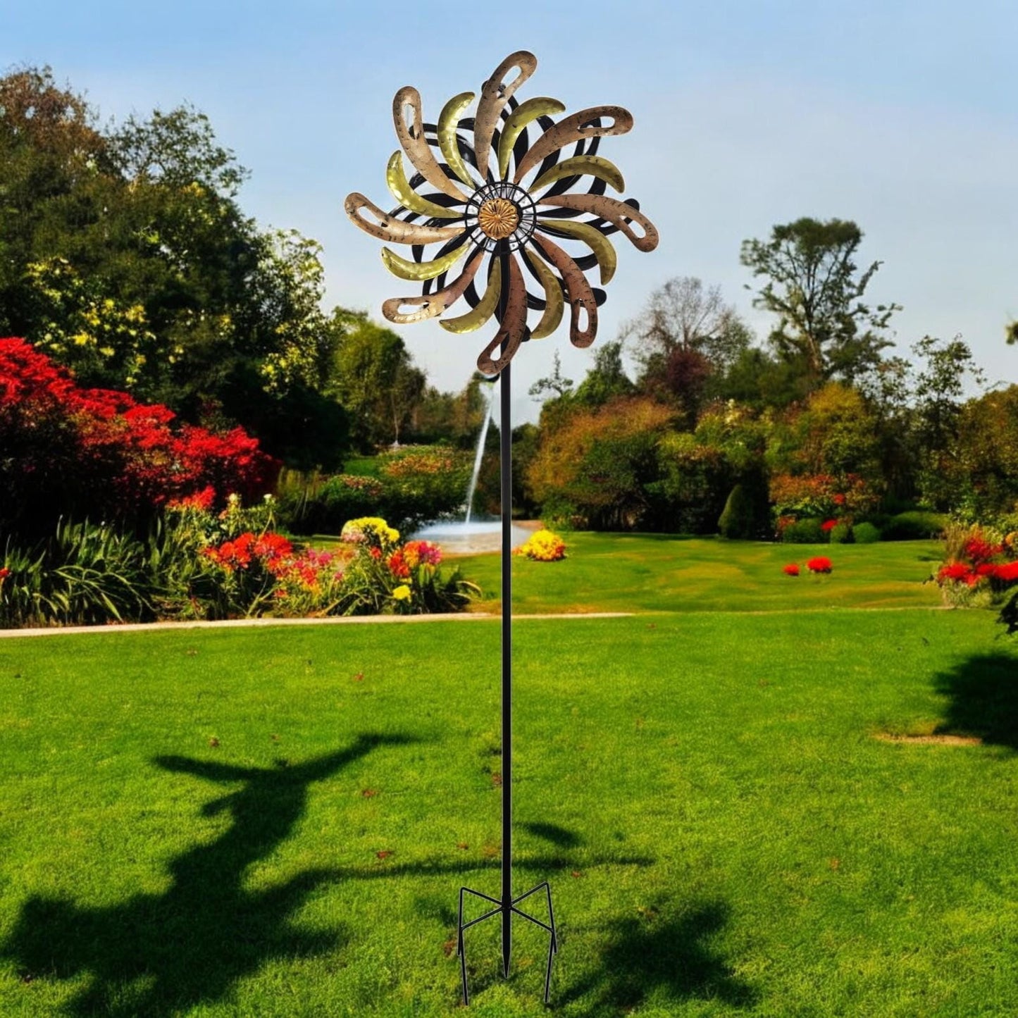 Small Golden Flare Vortex Wind Spinner Stake – 120 x 36 x 15 CM | Metal Kinetic Garden Wind Sculpture | Outdoor Decorative Windmill Spinner
