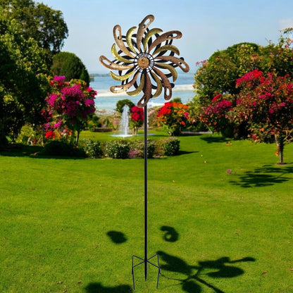Small Golden Flare Vortex Wind Spinner Stake – 120 x 36 x 15 CM | Metal Kinetic Garden Wind Sculpture | Outdoor Decorative Windmill Spinner