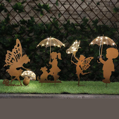Rustic Fairy Silhouette with Solar Toadstool – 44 x 20 x 17.5 CM | Metal Garden Sculpture with Solar Light | Enchanted Outdoor Fairy Décor
