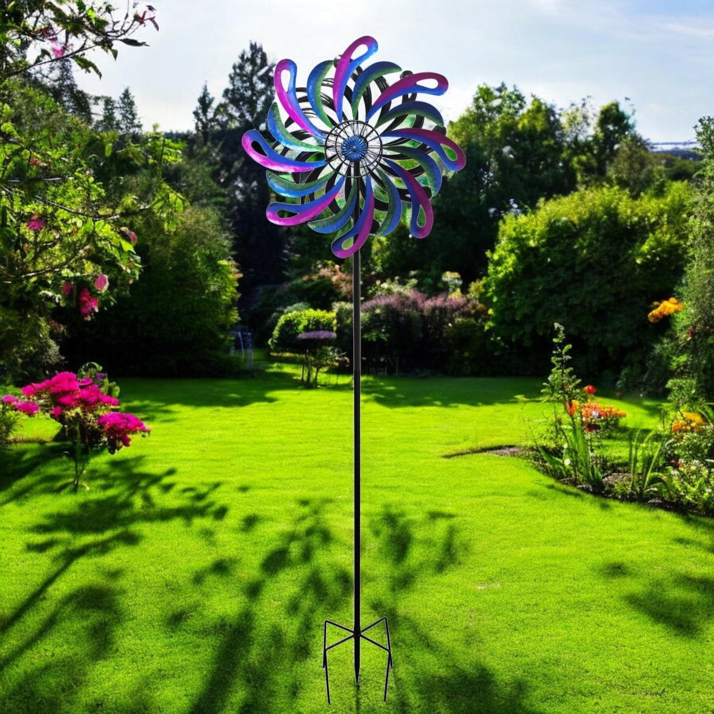 Small Cosmic Fusion Vortex Wind Spinner Stake – 120 x 36 x 15 CM | Kinetic Metal Wind Sculpture | Outdoor Garden Spinner for Yard