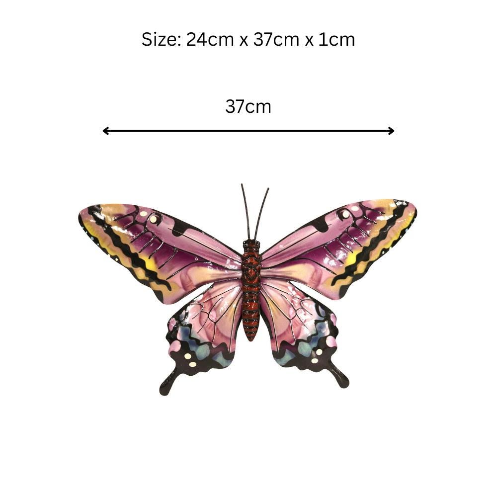 Medium Metal Pink Butterfly Wall Art – 24 x 37 x 1 CM | Hand-Painted 3D Butterfly Decoration | Weatherproof Metal Wall Décor for Garden