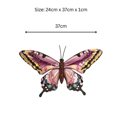 Medium Metal Pink Butterfly Wall Art – 24 x 37 x 1 CM | Hand-Painted 3D Butterfly Decoration | Weatherproof Metal Wall Décor for Garden