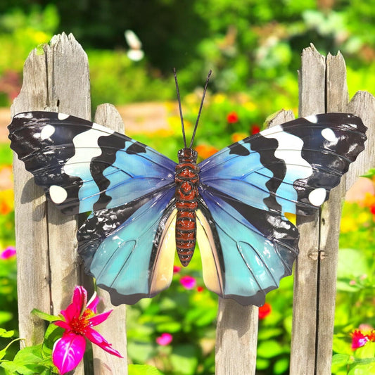 Medium Metal Blue Butterfly Wall Art – 23 x 34 x 1 CM | Hand-Painted 3D Butterfly Décor | Weatherproof Metal Wall Decoration for Garden