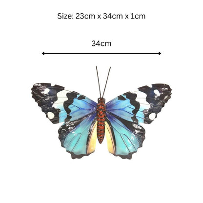 Medium Metal Blue Butterfly Wall Art – 23 x 34 x 1 CM | Hand-Painted 3D Butterfly Décor | Weatherproof Metal Wall Decoration for Garden