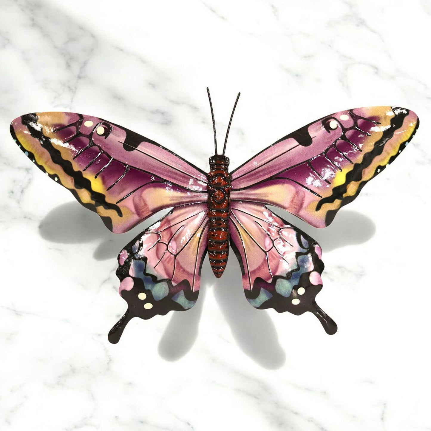 Medium Metal Pink Butterfly Wall Art – 24 x 37 x 1 CM | Hand-Painted 3D Butterfly Decoration | Weatherproof Metal Wall Décor for Garden