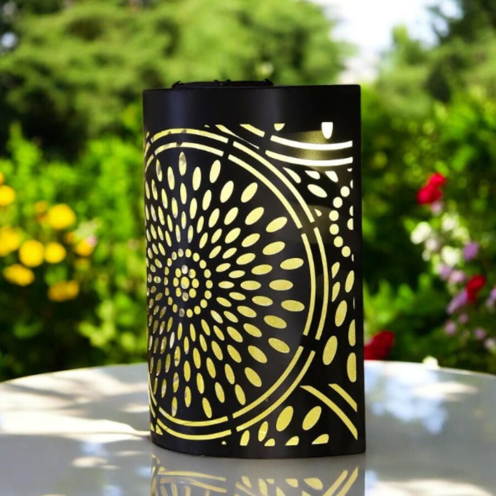 Small Metal Curved Moroccan Solar Wall Panel – 25.5 x 19 x 5.5 CM | Solar-Powered Outdoor Wall Art | Weatherproof Garden Panel for Patio