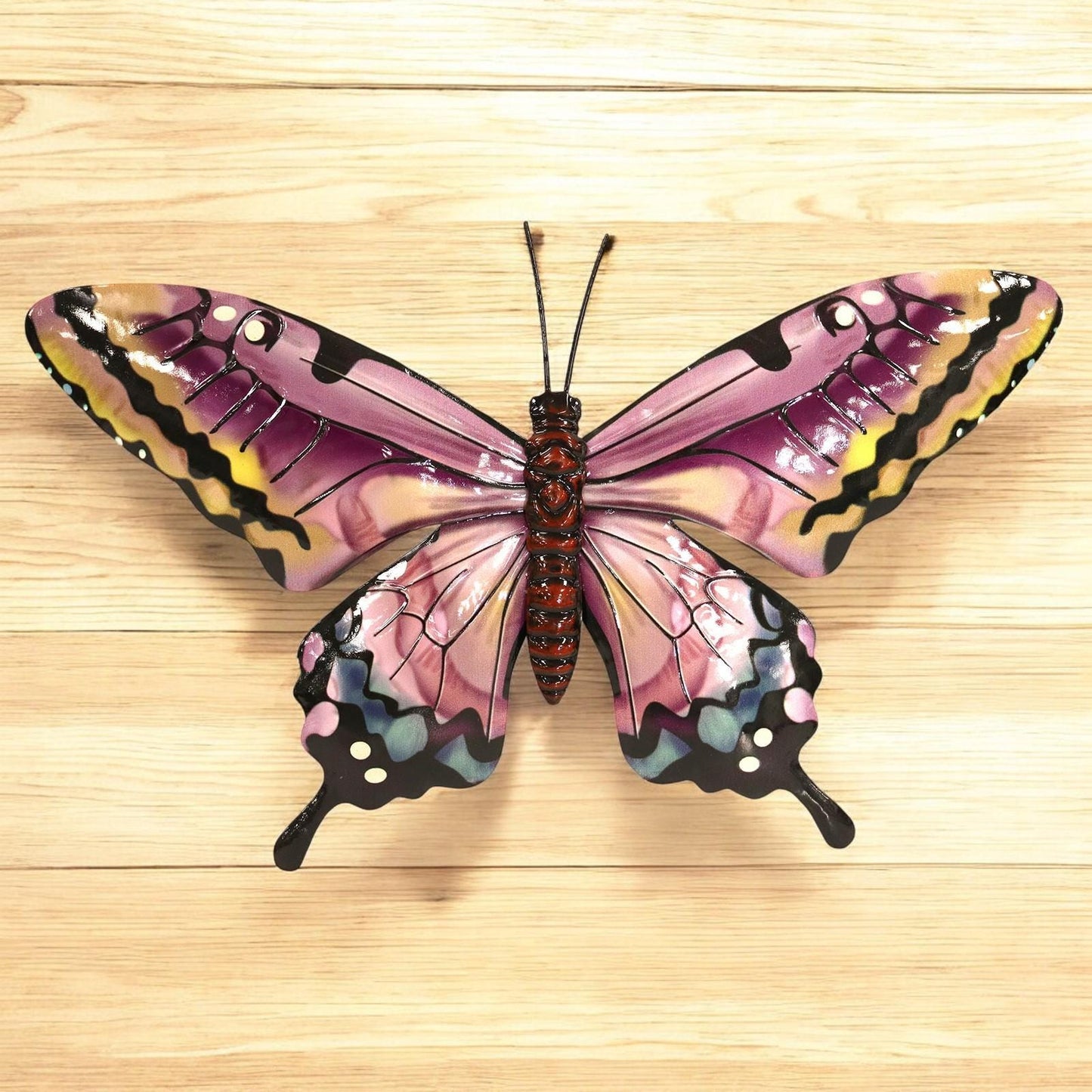 Medium Metal Pink Butterfly Wall Art – 24 x 37 x 1 CM | Hand-Painted 3D Butterfly Decoration | Weatherproof Metal Wall Décor for Garden