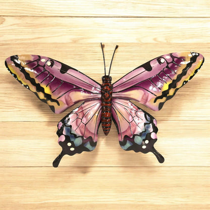 Medium Metal Pink Butterfly Wall Art – 24 x 37 x 1 CM | Hand-Painted 3D Butterfly Decoration | Weatherproof Metal Wall Décor for Garden