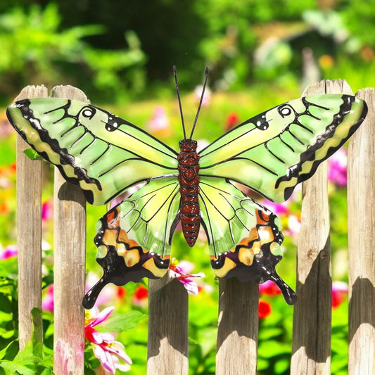 Medium Metal Green Butterfly Wall Art – 23 x 37 x 1 CM | Hand-Painted 3D Butterfly Decoration | Weatherproof Metal Wall Décor for Garden