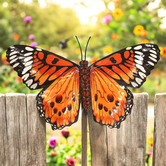 Medium Metal Orange Butterfly Wall Art – 23 x 34 x 1 CM | 3D Hand-Painted Metal Butterfly Decoration | Weatherproof Indoor & Outdoor