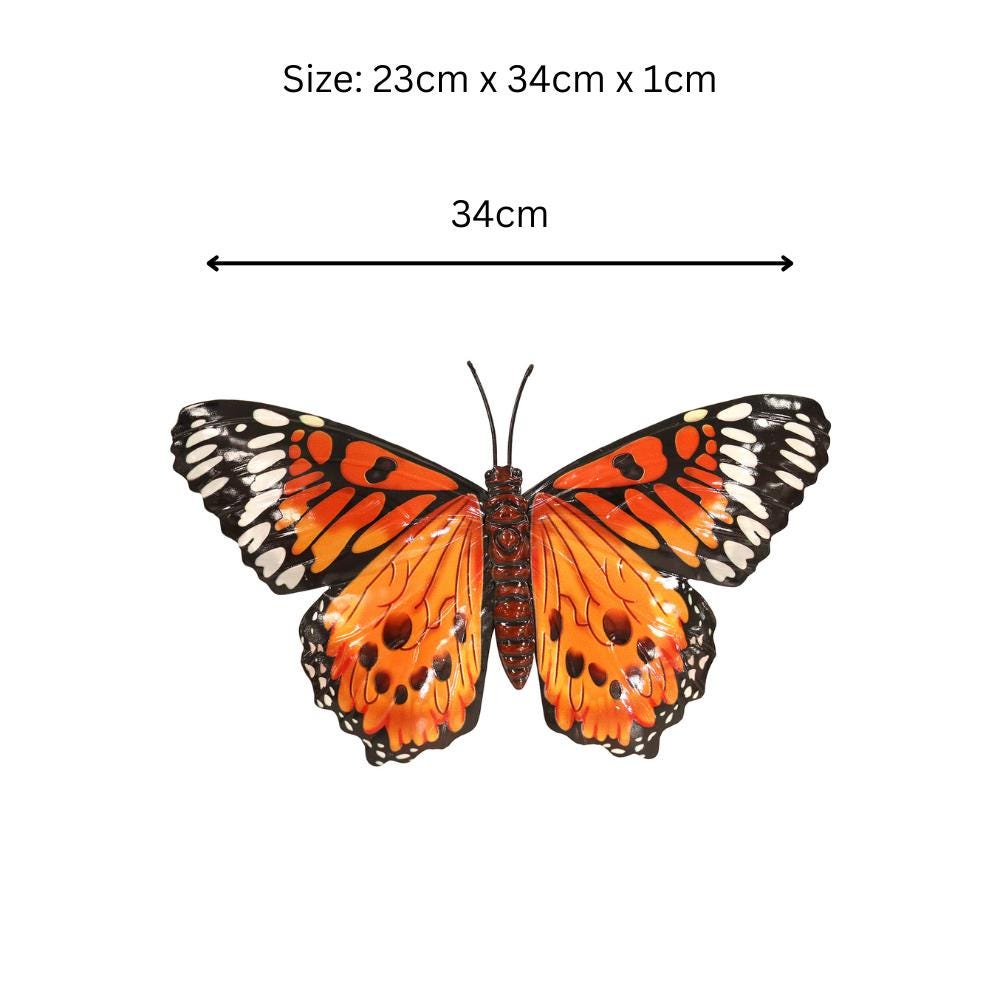 Medium Metal Orange Butterfly Wall Art – 23 x 34 x 1 CM | 3D Hand-Painted Metal Butterfly Decoration | Weatherproof Indoor & Outdoor
