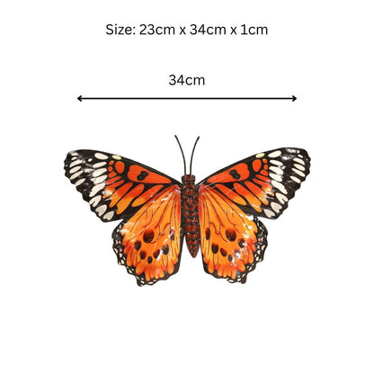 Medium Metal Orange Butterfly Wall Art – 23 x 34 x 1 CM | 3D Hand-Painted Metal Butterfly Decoration | Weatherproof Indoor & Outdoor