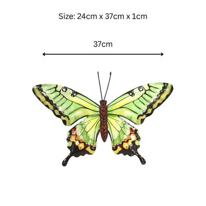Medium Metal Green Butterfly Wall Art – 23 x 37 x 1 CM | Hand-Painted 3D Butterfly Decoration | Weatherproof Metal Wall Décor for Garden
